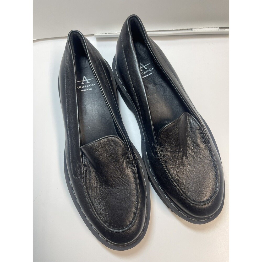 AQUATALIA Hayley Water Resistant Platform Loafers In Black Leather Sz 8 New - Picture 2 of 8